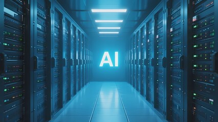 Server room with AI illuminated in the center, surrounded by rows of data servers under blue lighting