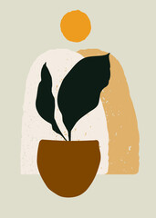 Strelitzia leaf silhouette in clay pot with textured backdrop and sun, tropical botanical artwork background for design. Perfect for wallpaper, poster, card, decor, or packaging.