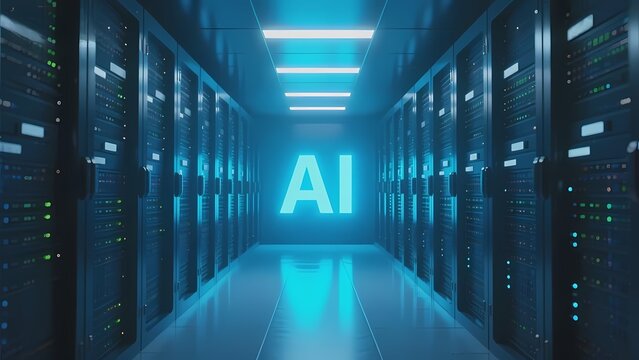 Server room with glowing AI sign in a futuristic data center corridor