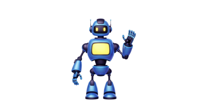 Friendly blue robot waving hello with glowing screen, perfect for tech presentations and futuristic concepts