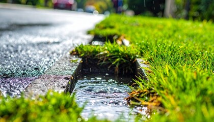 Fototapeta premium Rainwater flowing through curbside drain lush green grass.