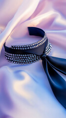 Elegant silky black choker with sparkling rhinestones. Beautiful fashion accessory on soft satin fabric.