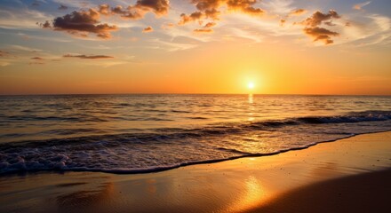 Fototapeta premium Sunset over Reflective Wet Sand with Foamy Waves and Vibrant Sky Hues