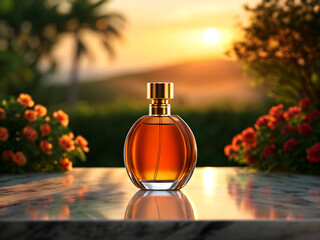 Amber Perfume Bottle at Sunset: Luxurious Fragrance, Golden Hour, Floral Setting