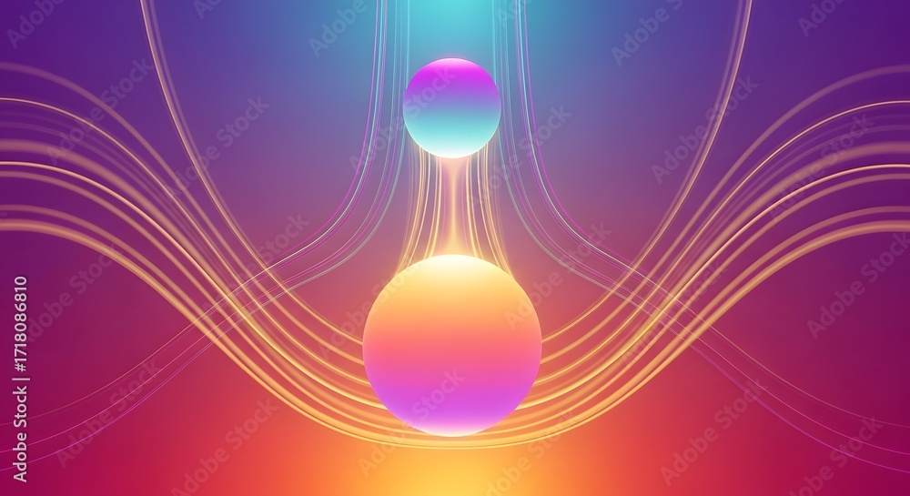 Poster abstract luminous spheres on a vibrant gradient background. glowing orbs with a light trail effect. 