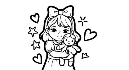 Cute Young Girl Happily Holding Her Doll with Hearts and Stars Around, Childhood Playtime for Coloring Book, isolated white background.