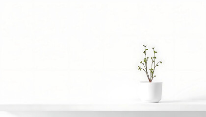 Minimalist White Desk with a Small Potted Plant, a Clean and Simple Workspace Background for Product Mockups and Website Banners.