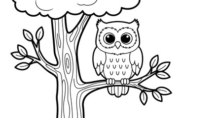 Cute Owl Perched on a Tree Branch, Isolated White Background, Wise Forest Animal Illustration