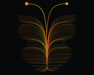 Abstract orange and yellow gradient butterfly shape formed by thin lines on black background insect