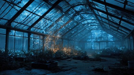 Abandoned greenhouse bathed in ethereal blue light, adorned with string lights