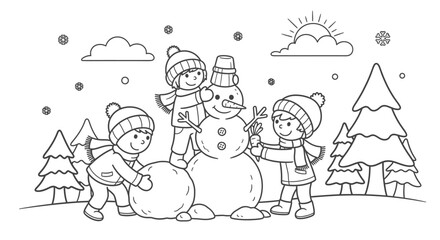 Happy Children Building a Snowman in a Joyful Snowy Winter Landscape