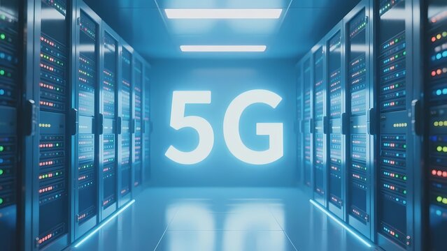 A futuristic server room with glowing 5G signage, illuminated by blue lights and lined with data racks.