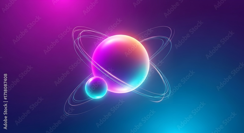 Poster abstract planet-like sphere in a modern setting. a multi-colored globe with a ring and flowing lumin