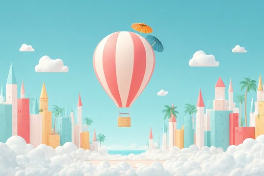 Colorful Hot Air Balloon Flying Over Fantasy Cityscape in Bright Sky - Powered by Adobe