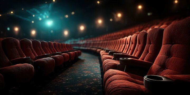 Empty theater with comfortable seats awaiting the next audience in a dimly lit atmosphere