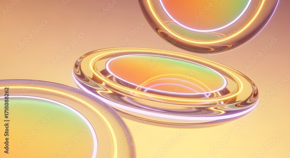 Poster abstract colorful fluid rings with a transparent, glass-like effect. glossy iridescent objects float
