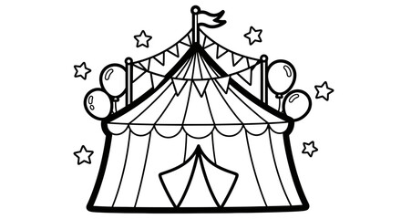 Festive red and white striped circus tent adorned with balloons and stars, ready for entertainment on an isolated white background.