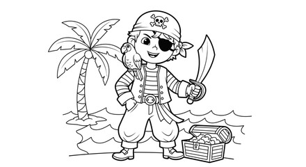 Happy pirate boy standing on a tropical island with palm trees, holding a sword next to a treasure chest.