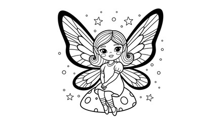 Charming little fairy with wings, sitting and smiling happily amidst stars and magical sparkles on an isolated white background.