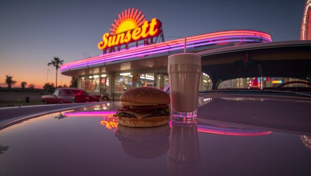 A vibrant burger and milkshake sit atop a vintage car hood, reflecting the neon glow of a sunset drive-in restaurant.