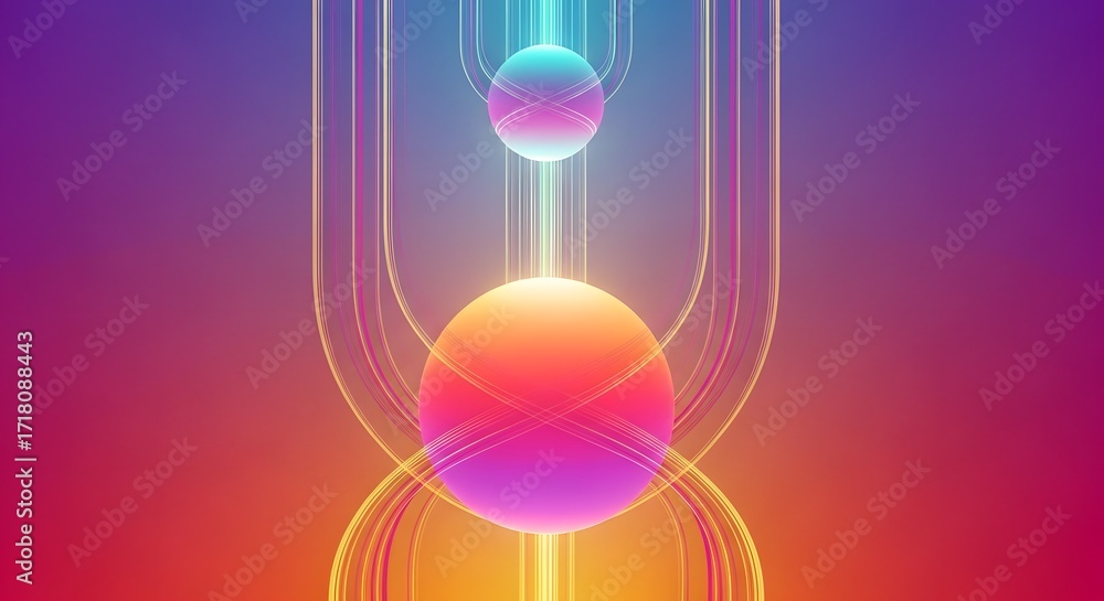 Poster abstract luminous spheres on a vibrant gradient background. glowing orbs with a light trail effect. 