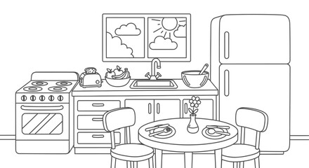 Cozy Kitchen Interior Outline with Appliances and Dining Table, Home Room on Isolated White Background