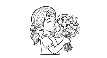 Loving Young Girl Happily Smelling a Bouquet of Fresh Flowers, Isolated White Background