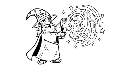 Wise Old Wizard Casting a Magical Spell with Swirling Energy, Isolated White Background