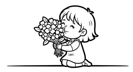 Happy Young Girl Gently Holding and Smelling a Beautiful Bouquet of Flowers on Isolated White Background