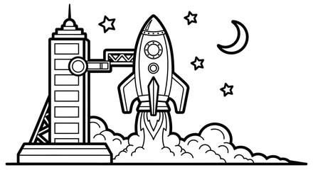 Cartoon Rocket Launching into Space from a Launchpad Under the Night Sky with Moon and Stars