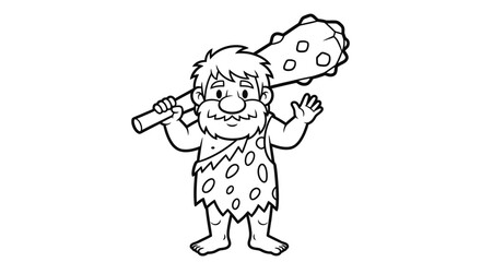 Friendly Cartoon Caveman Character Holding a Club and Waving on Isolated White Background