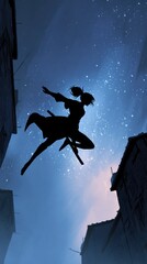 Silhouette figure flying at night