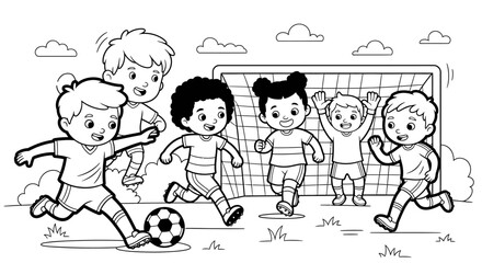 Energetic Children Playing Soccer with a Football on an Outdoor Field with a Goal
