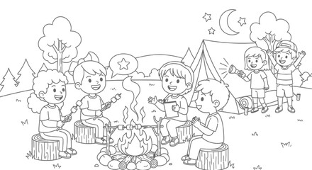 Happy Children Camping Outdoors, Sitting Around a Campfire Roasting Marshmallows at Night