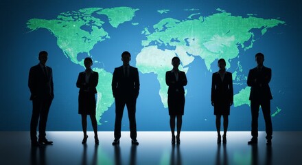 Global Business Association Professional Silhouettes on a Green World Map