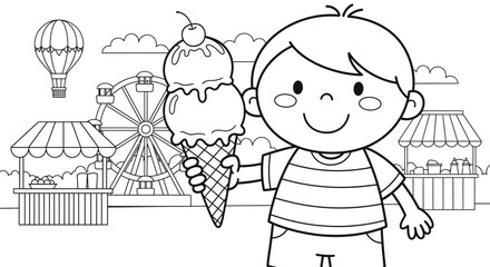 Happy Boy Enjoying Ice Cream Cone in a Fun Amusement Park Setting on Isolated White Background