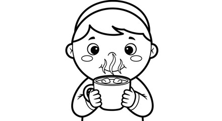 Happy Boy Holding Steaming Mug and Drinking Hot Beverage on Isolated White Background