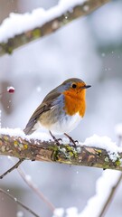 Robin perched on snowy branch (1)