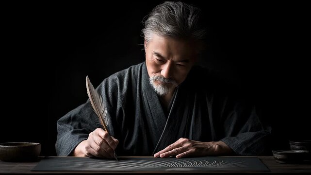 Calligrapher Creating Art in Darkness with a Quill
