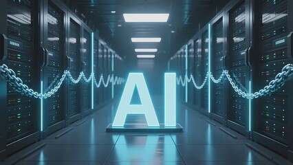 A futuristic server room with glowing AI letters and digital chains symbolizing artificial intelligence technology