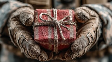 Soldier holds a small wrapped gift in gloved hands during a quiet moment in a military setting
