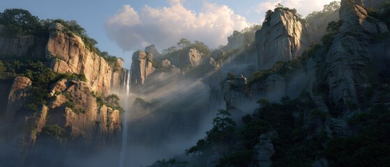 Misty mountain waterfall landscape