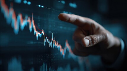 Hand pointing at falling stock chart