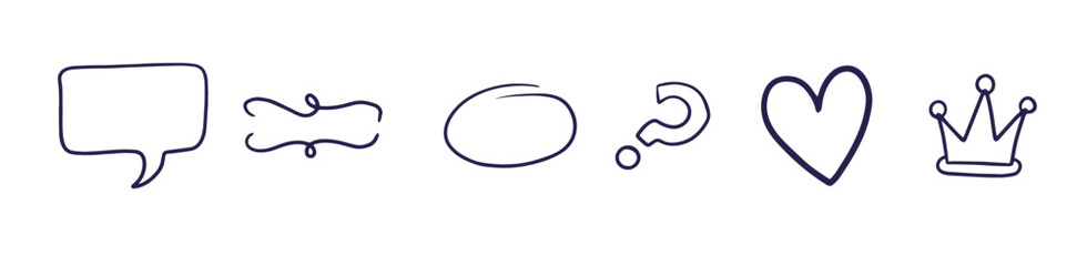 Sketch underline, emphasis, arrow shape set. Hand drawn brush stroke, highlight, speech bubble, underline, sparkle element. Vector illustration.