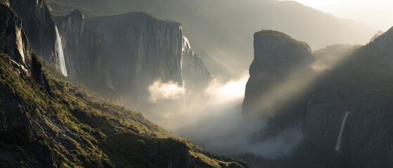 Misty mountain waterfall