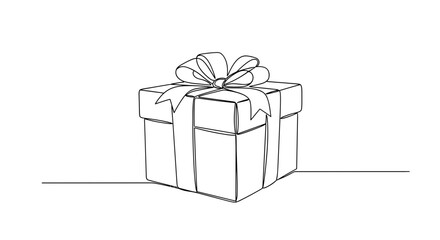 Open gift box with ribbon in simple line art style  