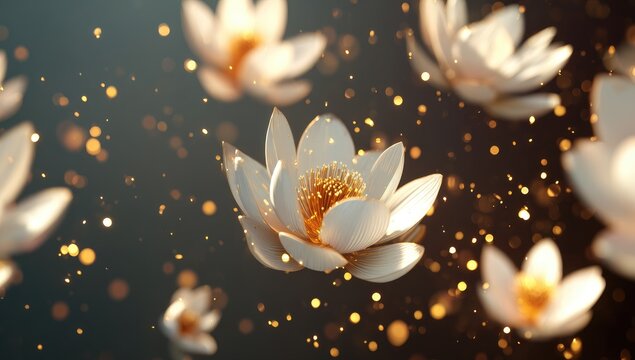 Delicate white lotus blossoms float amidst a backdrop of golden glitter, creating a serene and ethereal visual display.