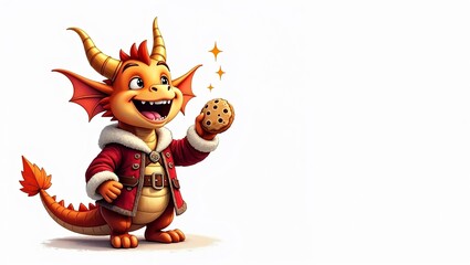 Happy little dragon in a Santa outfit, holding a cookie, isolated on white, space for text