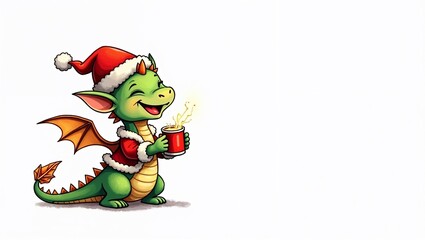 Happy little green dragon in a Santa hat, isolated on white, space for copy