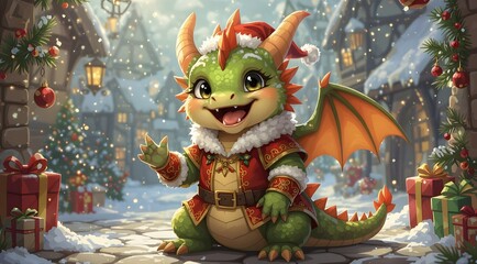 Сhinese new year dragon on snowy little town background